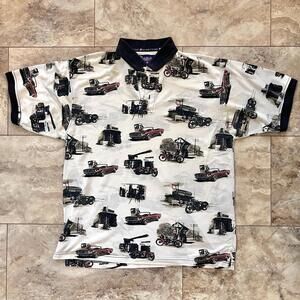 Island 2 Island Hawaiian Polo Shirt Sz L Cars Service Station W. R. Gass AOP